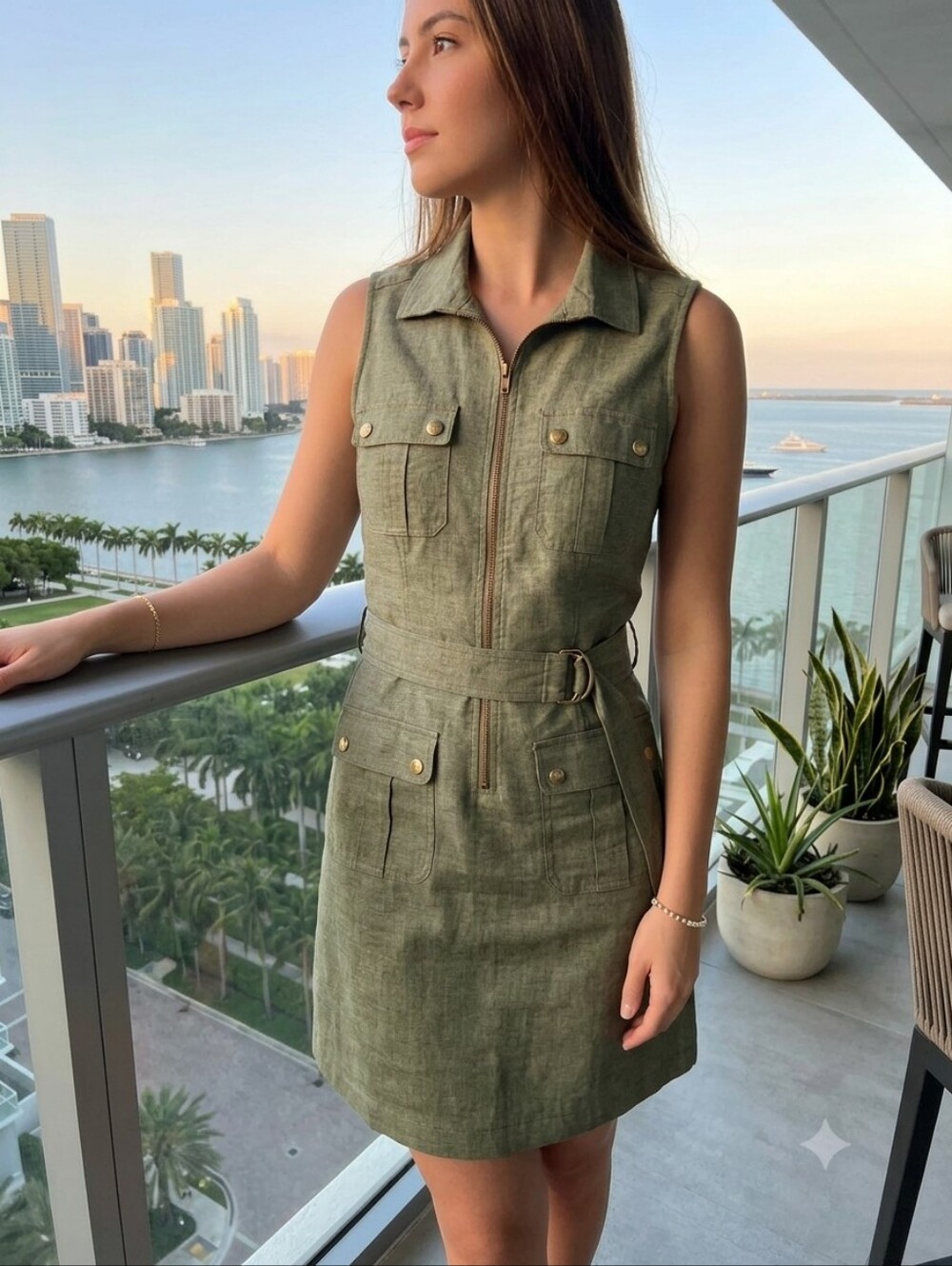 Sharagano Olive Green Safari Sleeveless Dress Size 10 Belted Utility Style